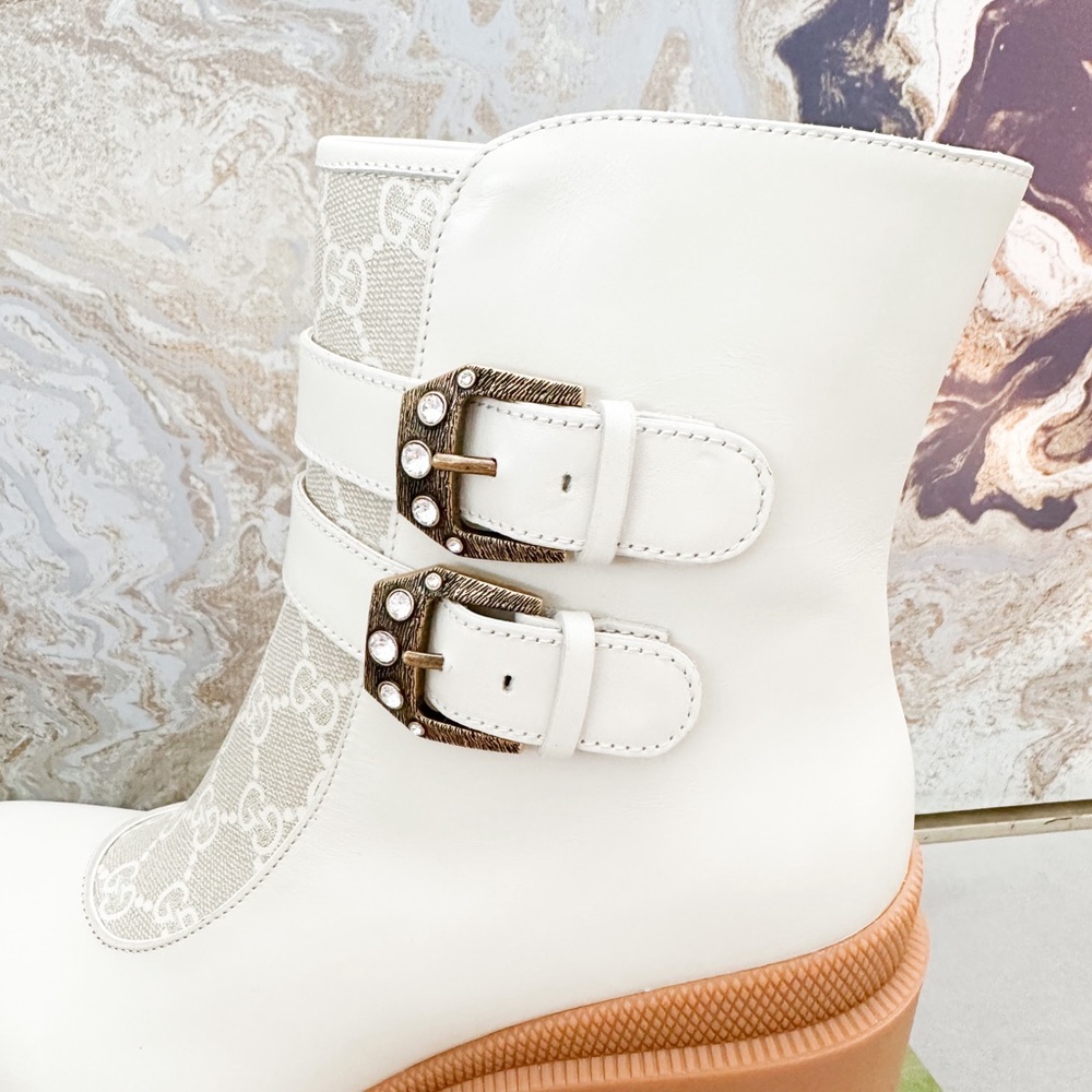 New! Gucci Kensington GG Supreme Monogram  Double Buckle Leather Ankle Boots - Picture 8 of 11